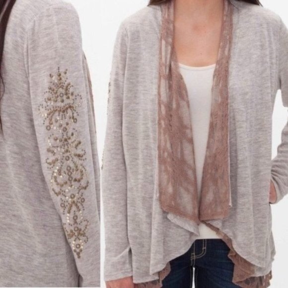 Miss Me Jackets & Blazers - 🟣MISS ME Oatmeal Brown Lace Boho Studded Stud Open Draped Cardigan Sweater